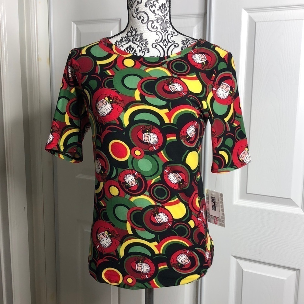 Lularoe Gigi Christmas Santa Fitted Top‎ Red Green Holiday New Circles S 6/8